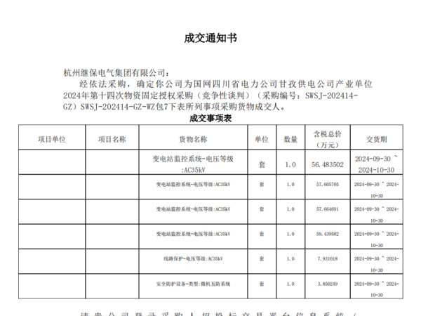 熱烈祝賀杭州繼保電氣中標國網四川省電力公司甘孜供電公司產業單位 2024年第十四次物資固定授權采購項目